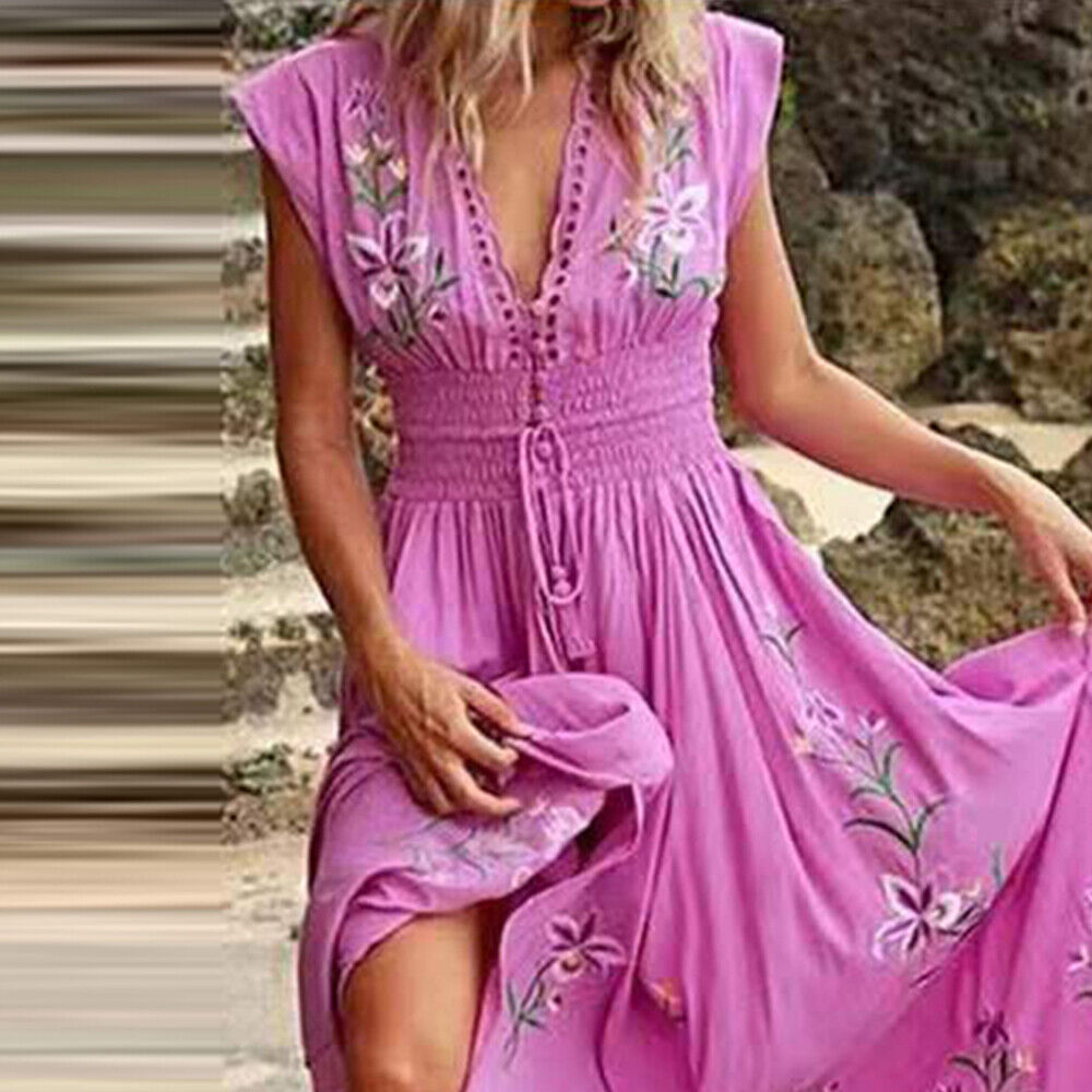 Womens Boho Floral Maxi Dress Ladies V Neck Summer Beach Holiday Long Sundress Unbranded Does Not Apply - фотография #10