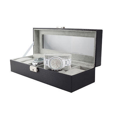 6 Slot Carbon Fiber Watch Box Display Case Jewelry Organizer Case Holder - Black Plixio Does Not Apply - фотография #10