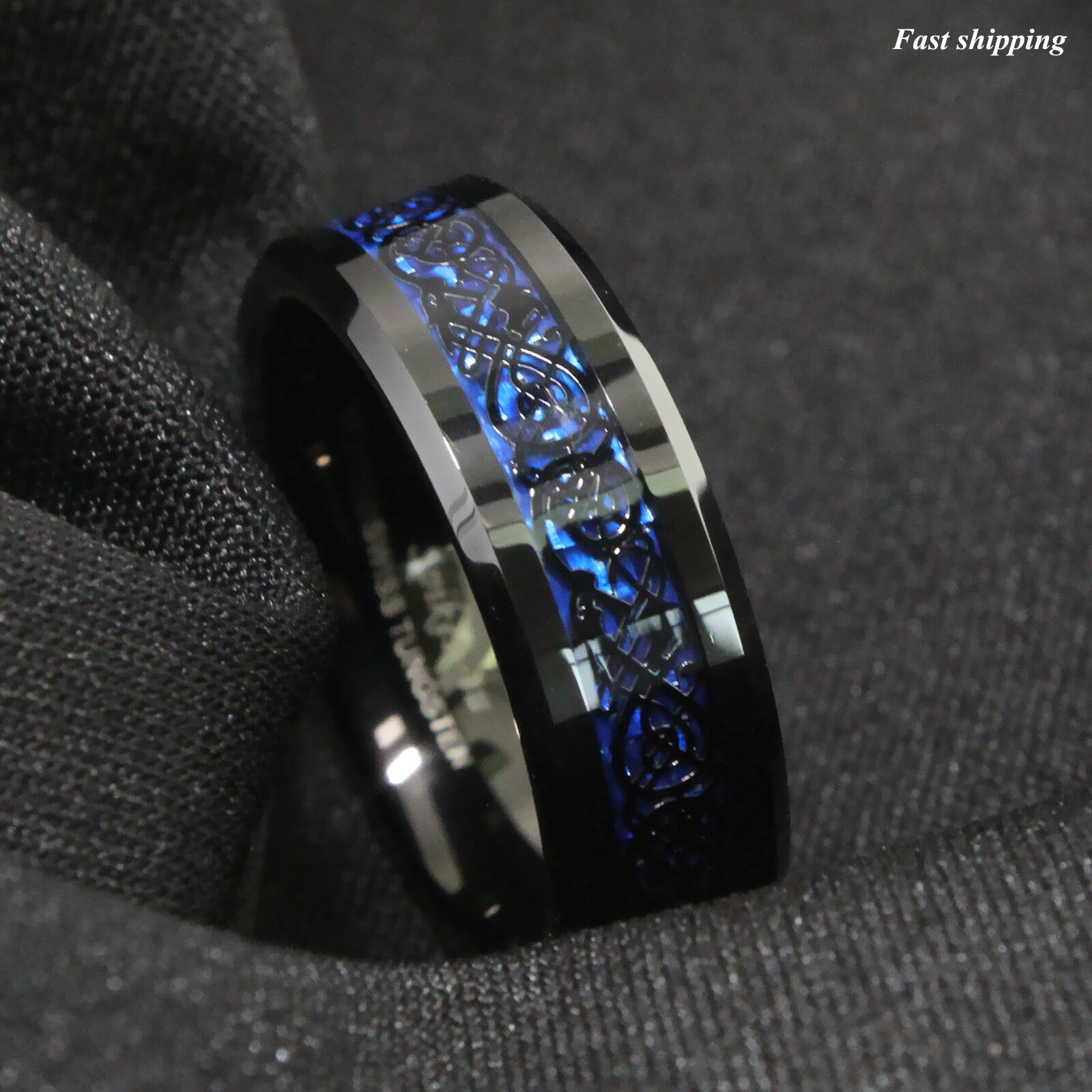 8/6mm Tungsten Carbide Ring Black Celtic Dragon Blue carbon fibre ATOP Jewelry ATOP - фотография #3