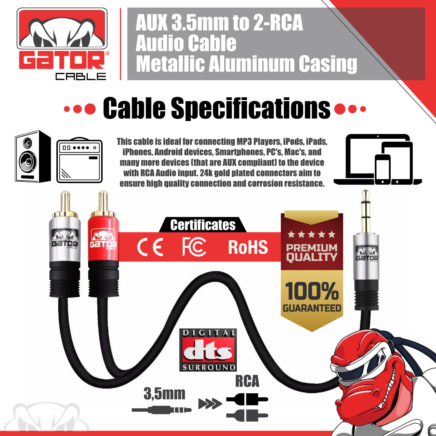 AUX Auxiliary 3.5mm Audio Male to 2 RCA Y Male Stereo Cable Cord Wire Plug Gator Cable AUX-3.5MM-To-2RCA-Cable - фотография #3