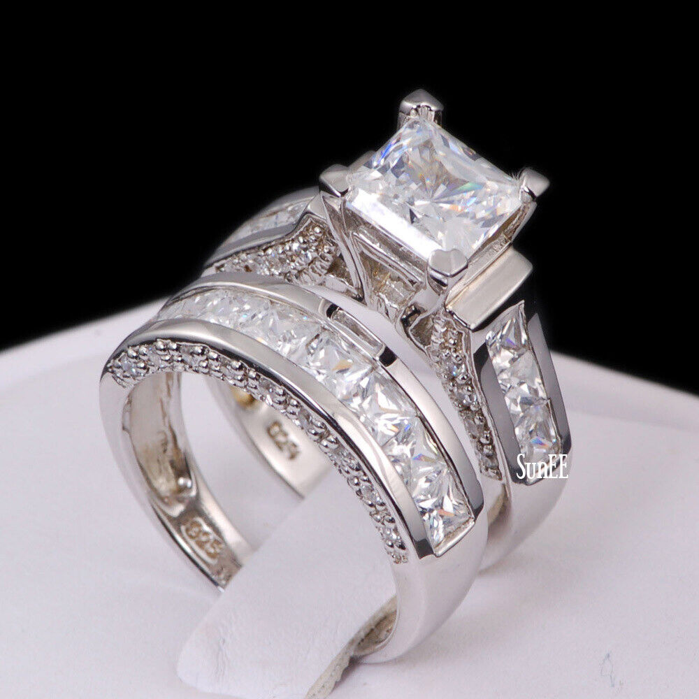 Real 925 Simulated Diamond Princess Cut Wedding Engagement Bridal Set SunEE Jewelry - фотография #2