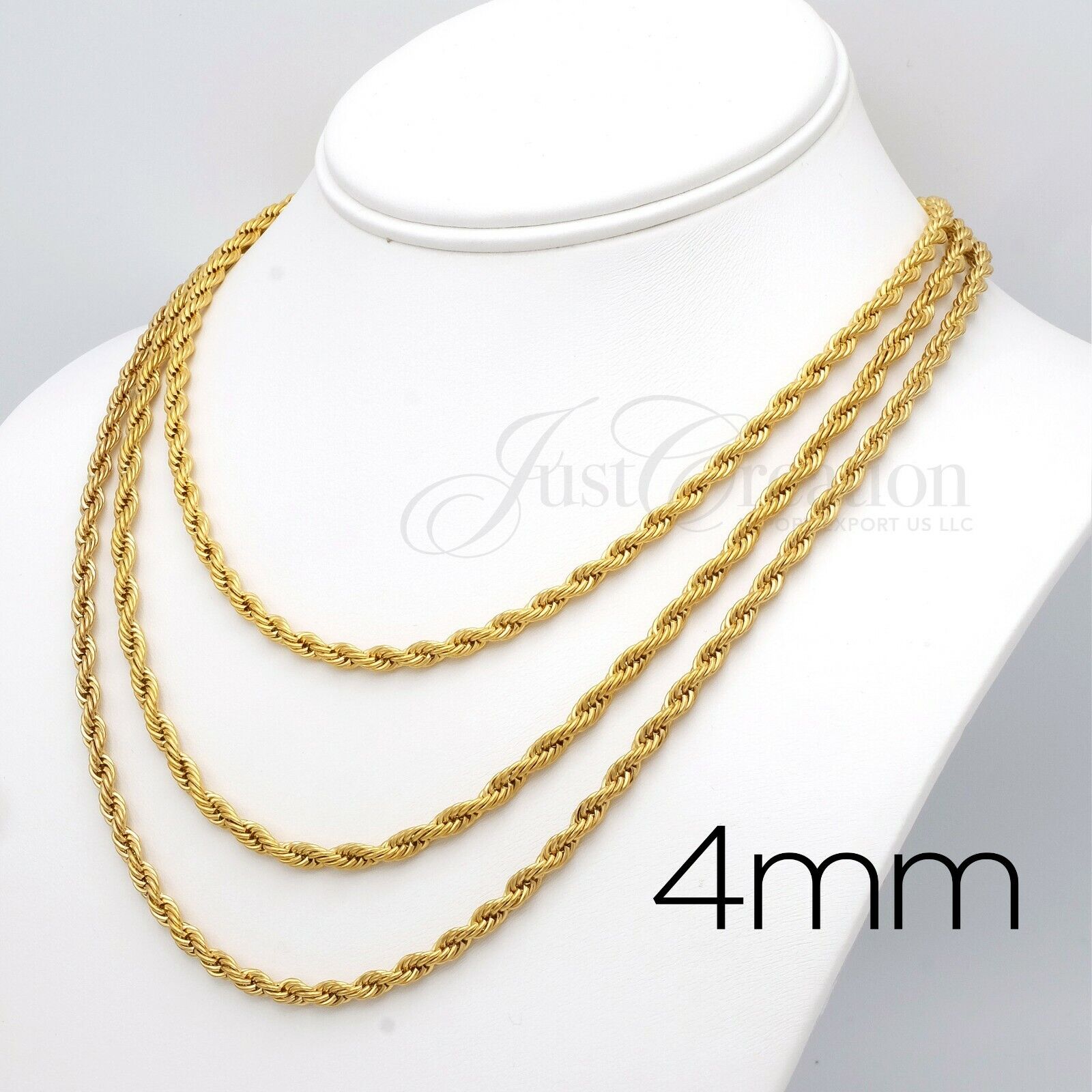 Gold Plated 18K, Stainless Steel 316L 2mm 3mm 4mm Rope Chain Necklace 14in-30in Unbranded - фотография #5