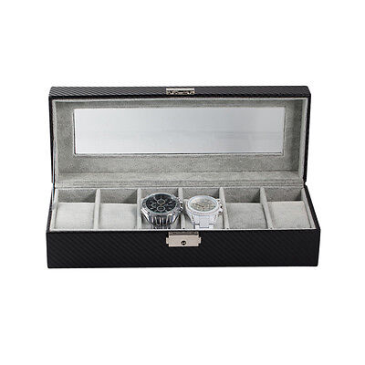 6 Slot Carbon Fiber Watch Box Display Case Jewelry Organizer Case Holder - Black Plixio Does Not Apply - фотография #6