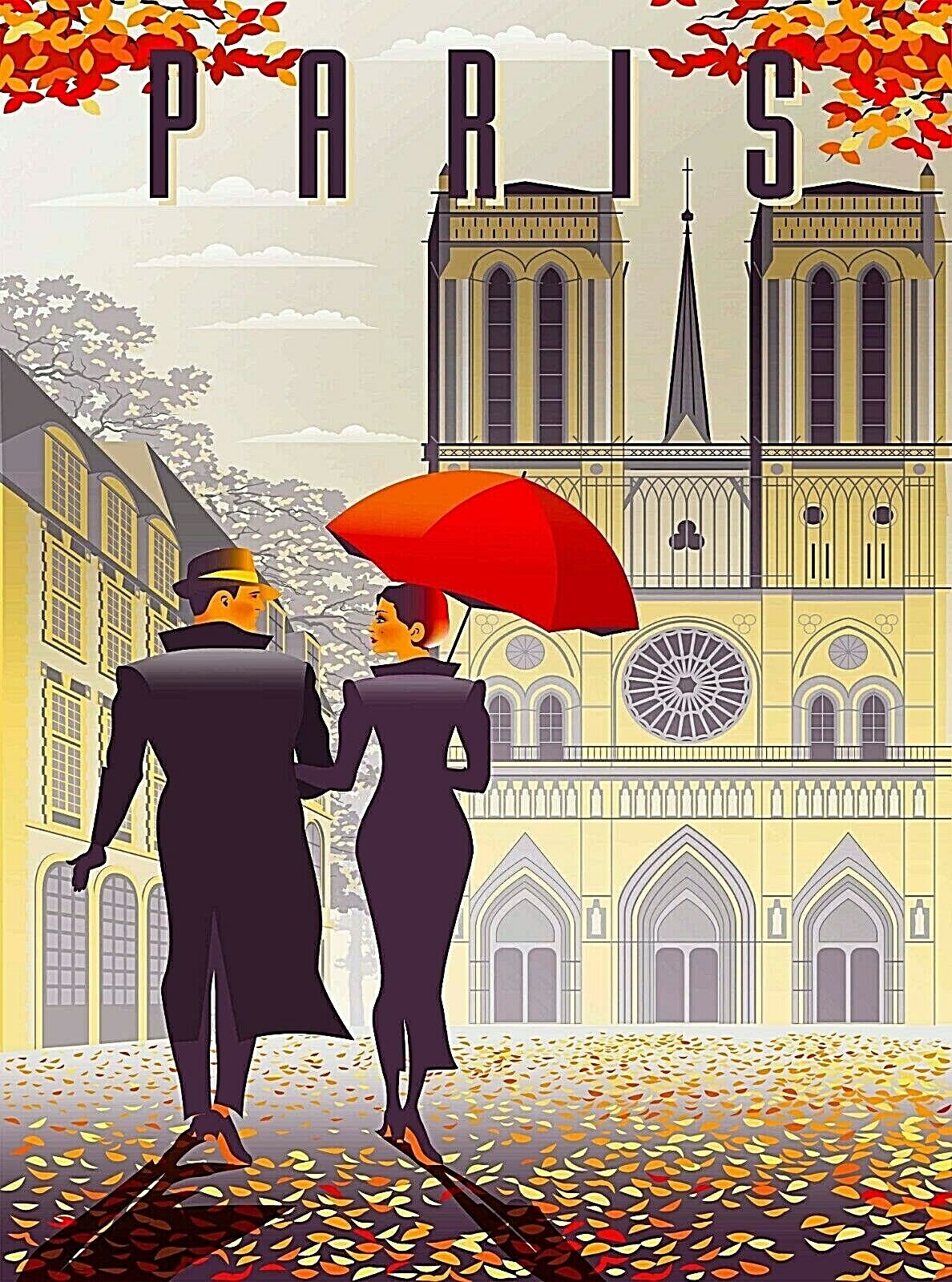 Notre Dame Cathedral Paris France Autumn Retro Travel Art Poster Print Без бренда