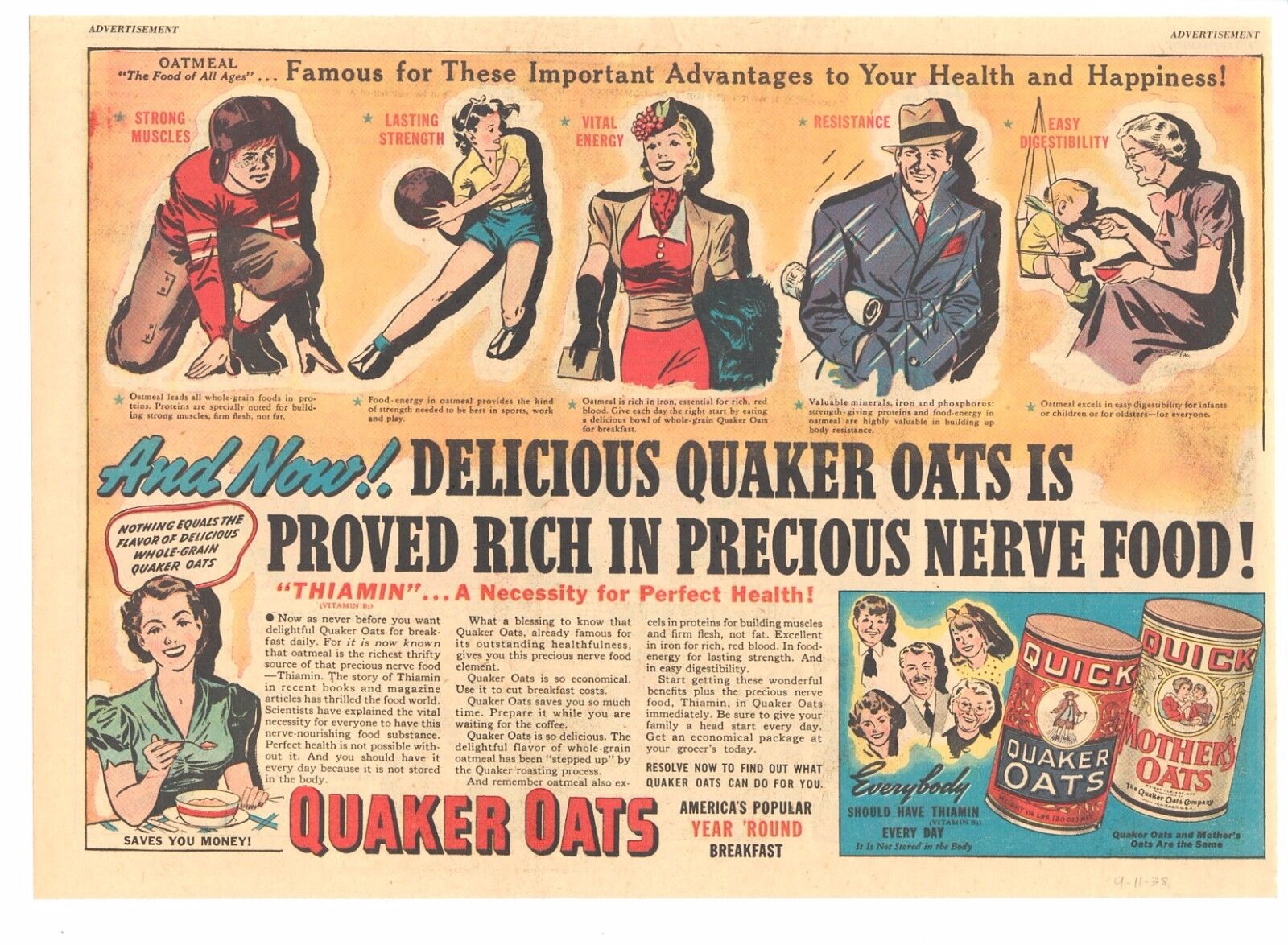 1938 - QUAKER OATS - Newspaper comic ad - FLETCHER'S CASTORIA ad Quaker Oats