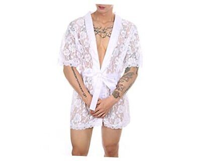 Men Sexy Lace Bathrobe Floral Mesh Lingerie Transparent Belted XX-Large White Does not apply Does Not Apply