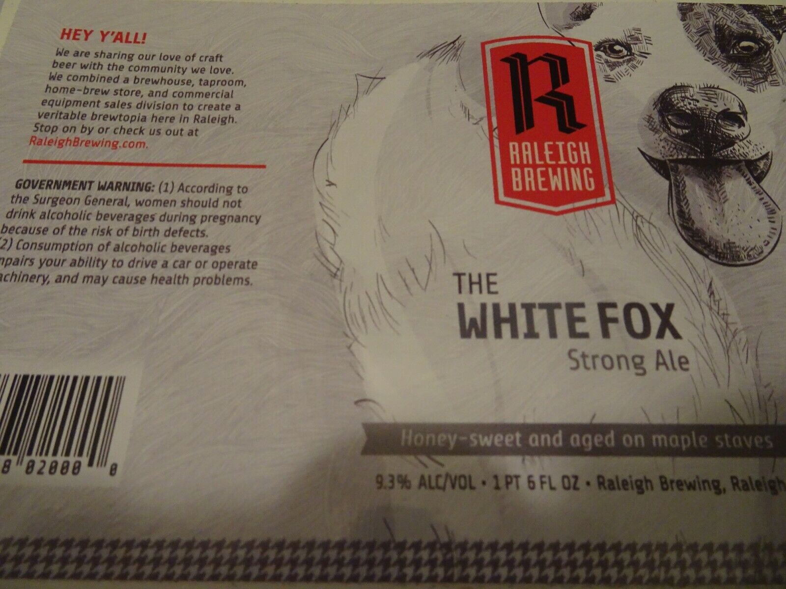 Raleigh Brewing Co. brewery Unused White Fox Ale Label Sticker Без бренда - фотография #2