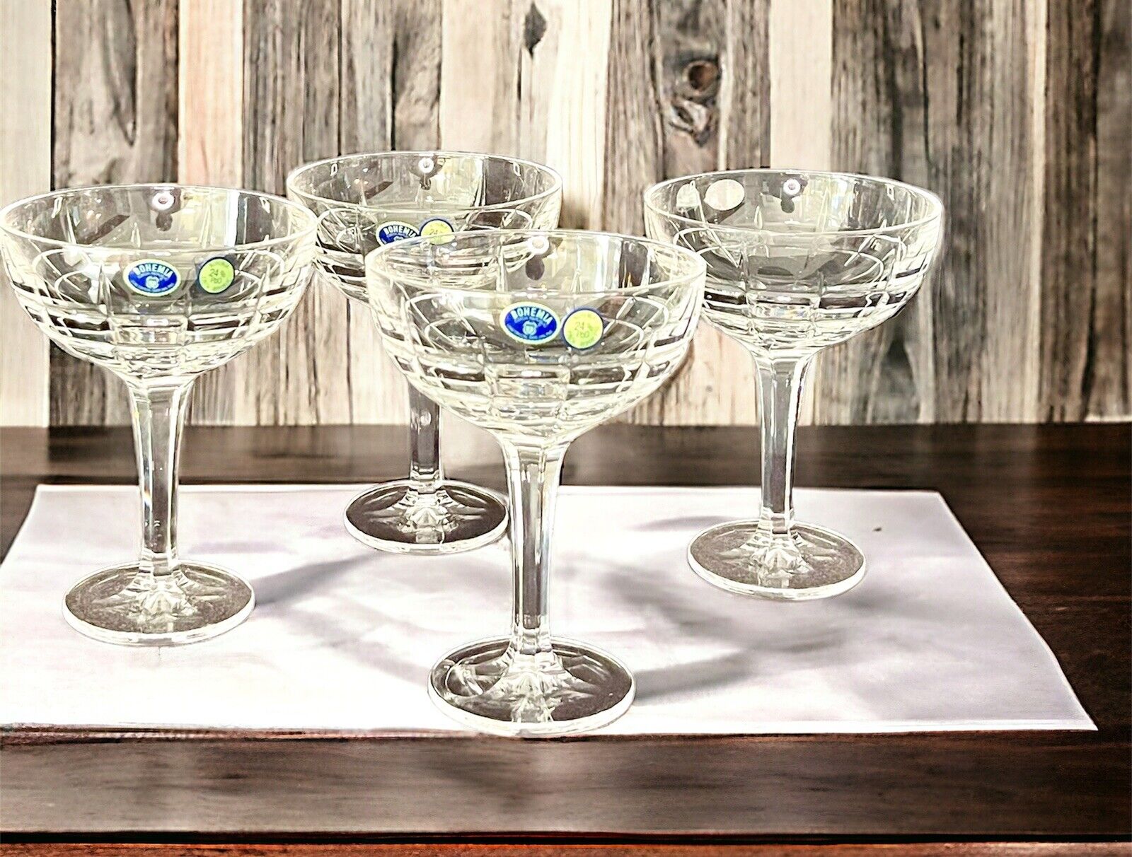 Bohemian Heavy Lead Etched Crystal Glass Cocktail Glasses Set of 4 Vintage New Bohemia - фотография #3