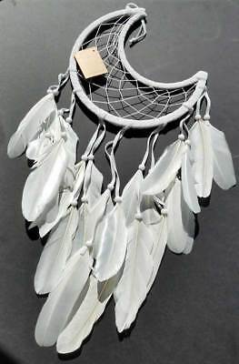 Half Moon Crescent White Dream Catcher with Feathers Beads, Large 8-1/2" Hoop AzureGreen RDC77