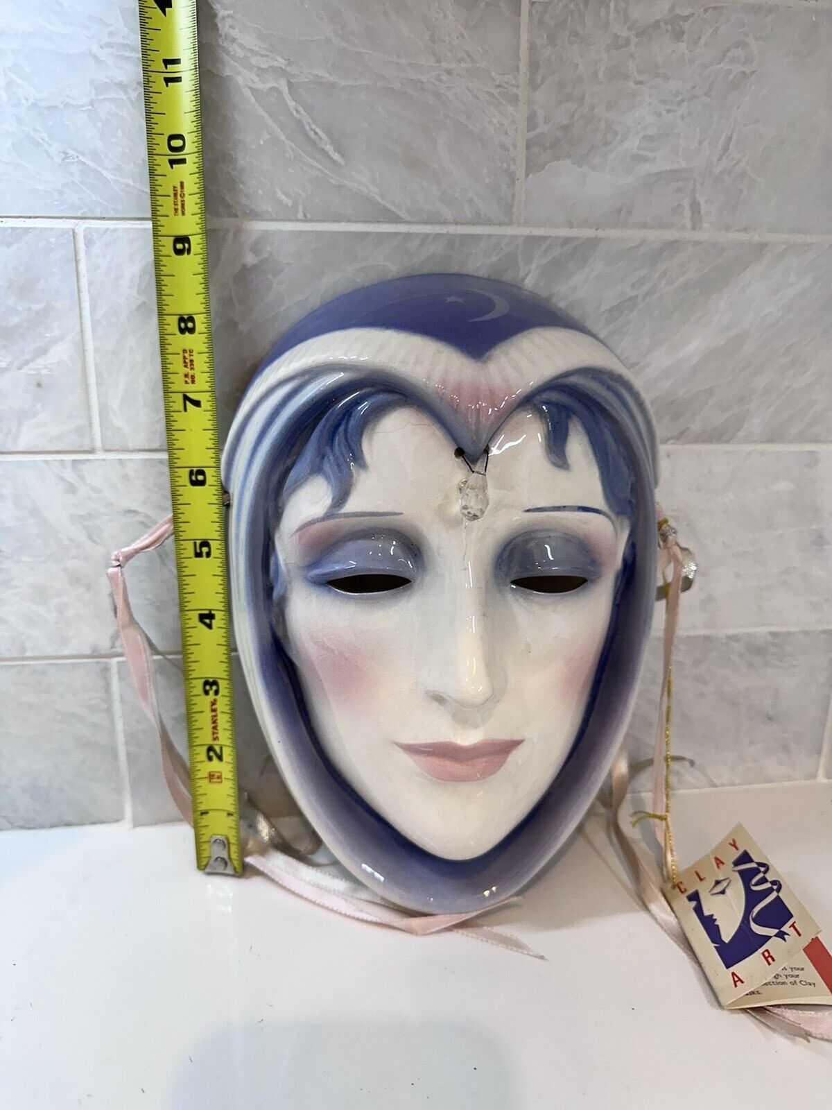 Vintage 1990 Clay Art SF USA Ceramic Mask Ribbon Scarf Woman Face Adult Size 8" Clay Art - фотография #4