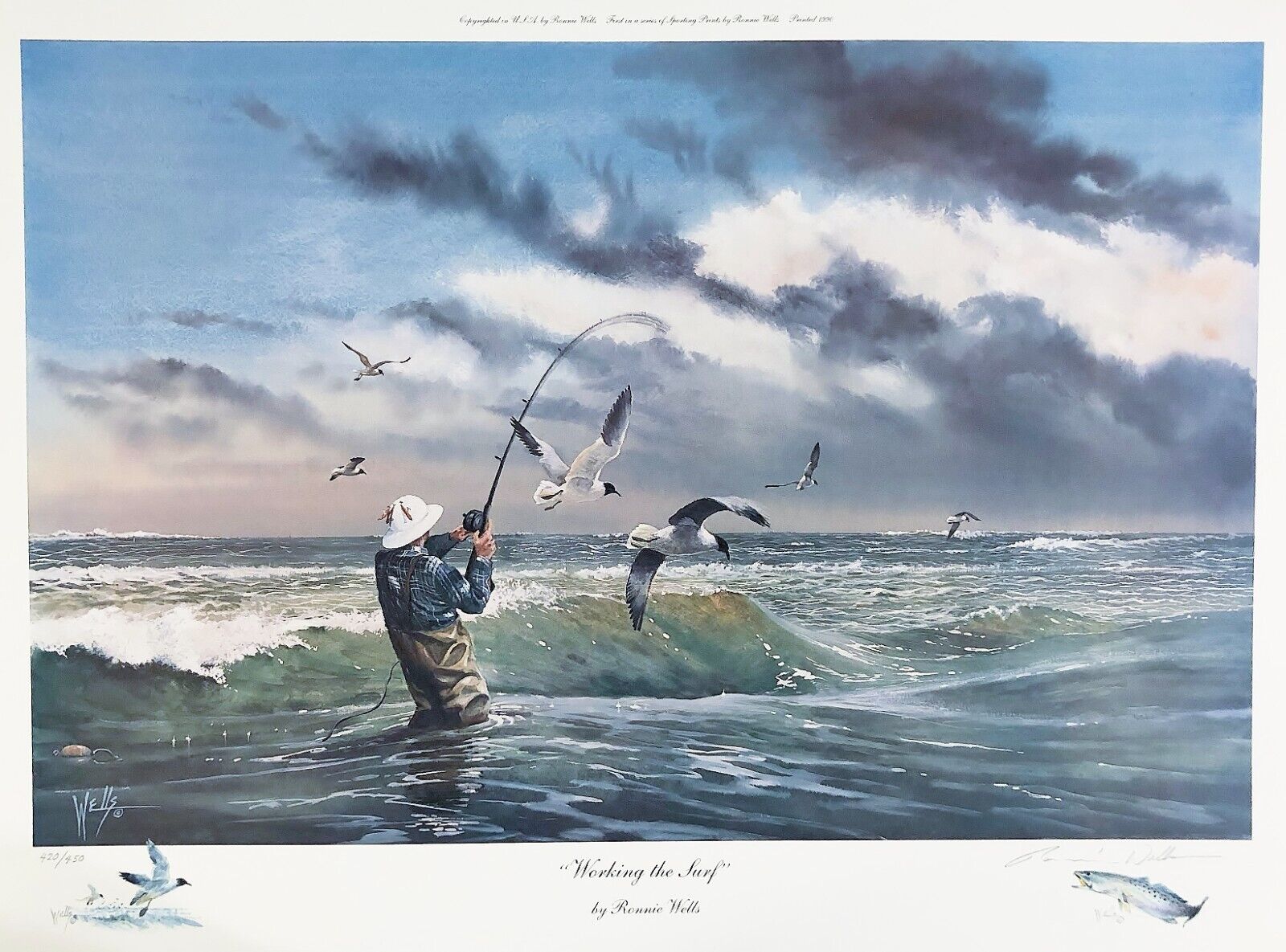 Ronnie Wells Working The Surf Lithograph With Double Remarques - Brand New Frame Без бренда