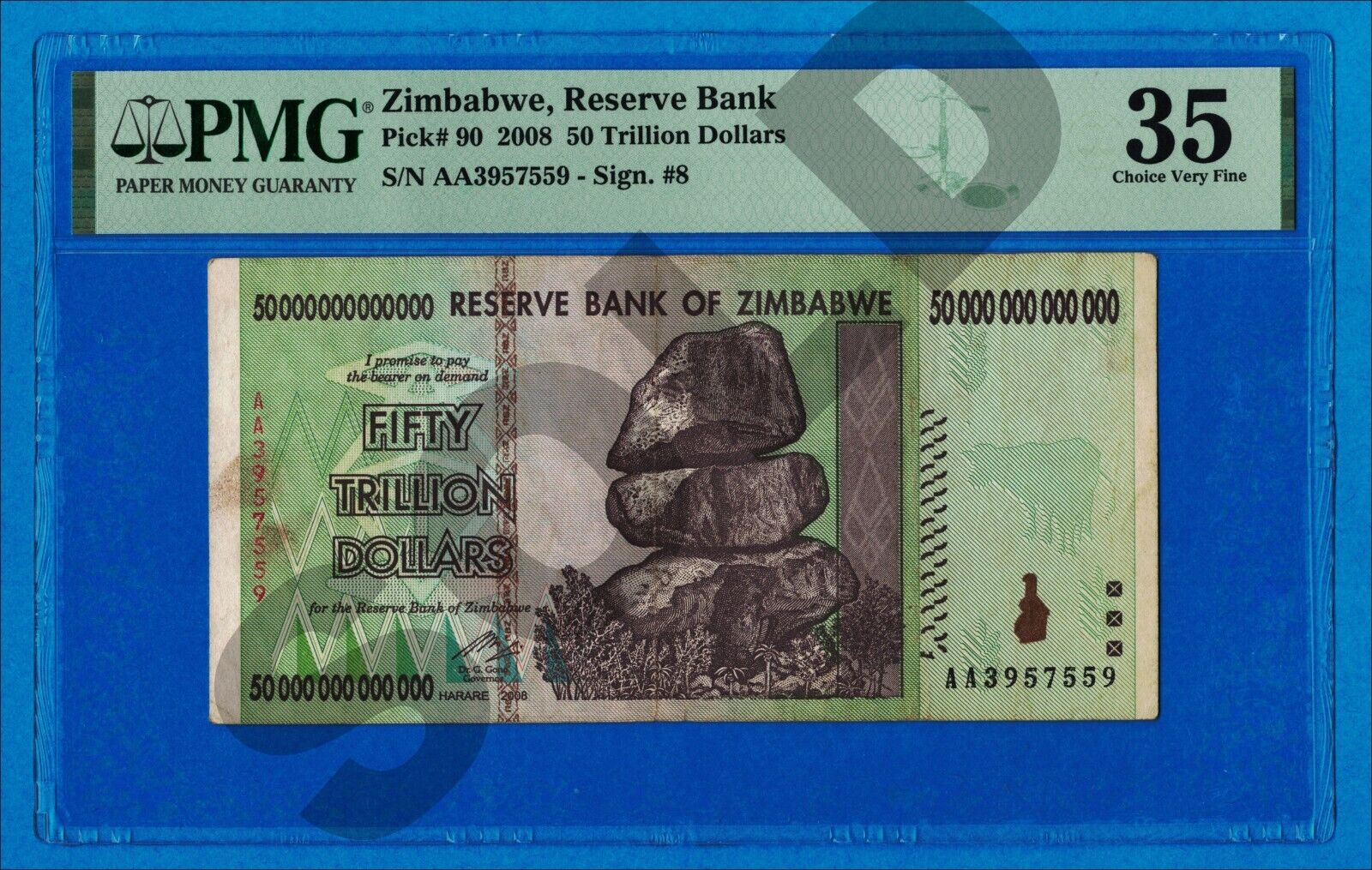50 Trillion Dollars Zimbabwe Banknote AA 2008 PMG Certified Authentic Circulated Без бренда - фотография #5