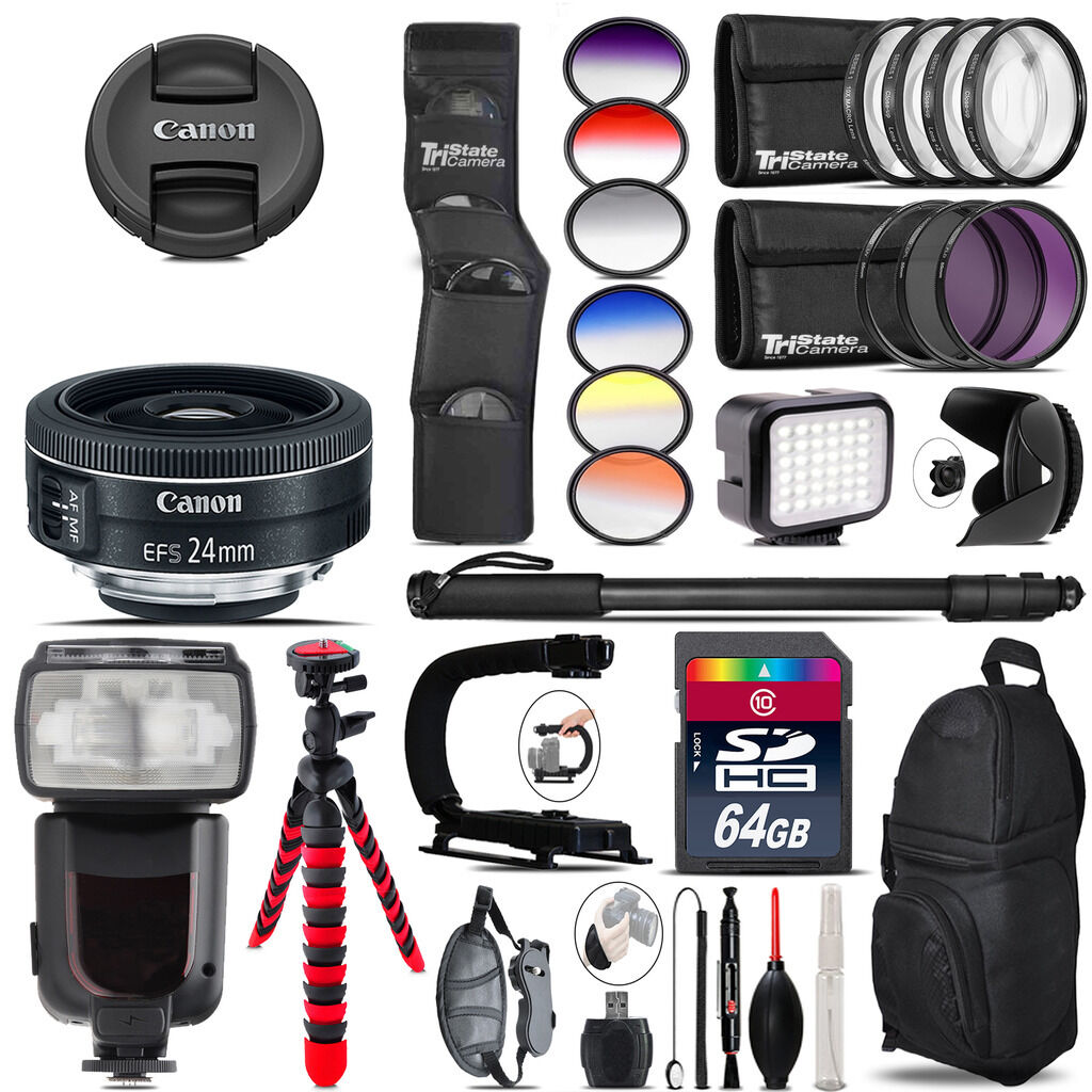 Canon EF-S 24mm f/2.8 STM Lens + Pro Flash + LED Light - 64GB Accessory Bundle Canon Does Not Apply