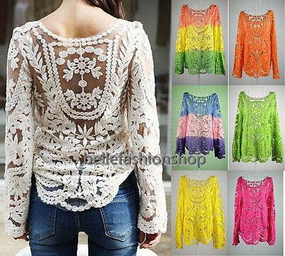 SEMI WOMEN SHEER SLEEVE EMBROIDERY FLORAL LACE CROCHET TEE T-SHIRT TOP BLOUSE Unbranded