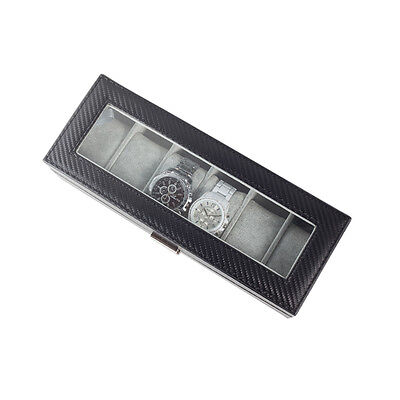 6 Slot Carbon Fiber Watch Box Display Case Jewelry Organizer Case Holder - Black Plixio Does Not Apply - фотография #9