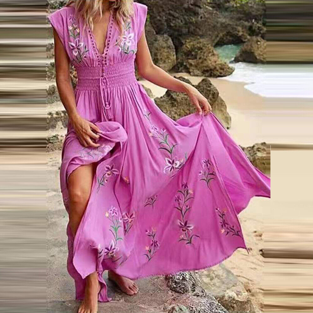 Womens Boho Floral Maxi Dress Ladies V Neck Summer Beach Holiday Long Sundress Unbranded Does Not Apply - фотография #9