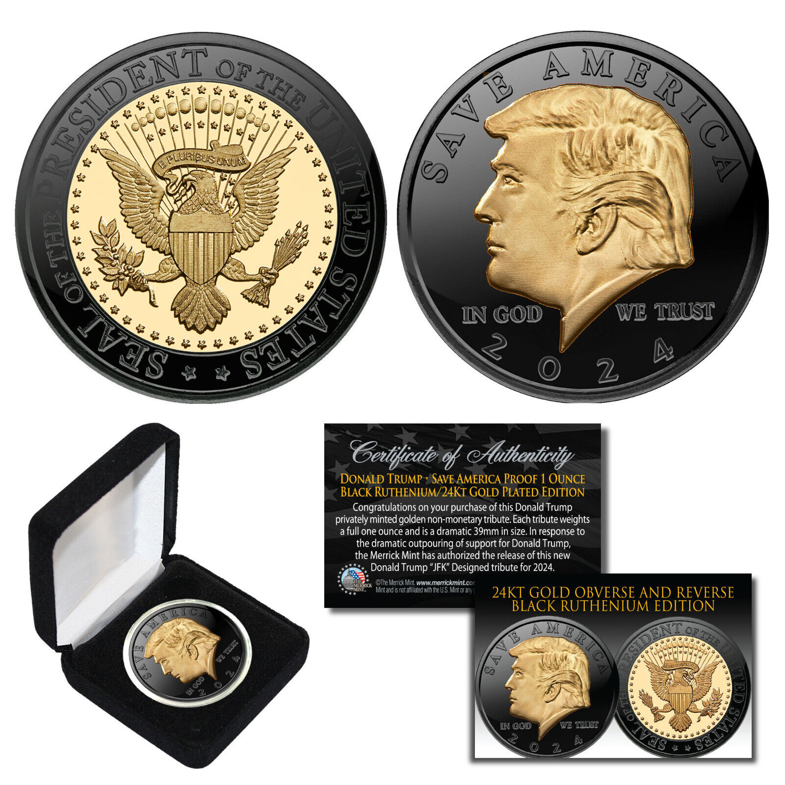 DONALD TRUMP Save America 2024 BLACK RUTHENIUM & 24K GOLD 1 OZ Coin with BOX Без бренда - фотография #3