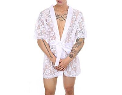 Men Sexy Lace Bathrobe Floral Mesh Lingerie Transparent Belted XX-Large White Does not apply Does Not Apply - фотография #2