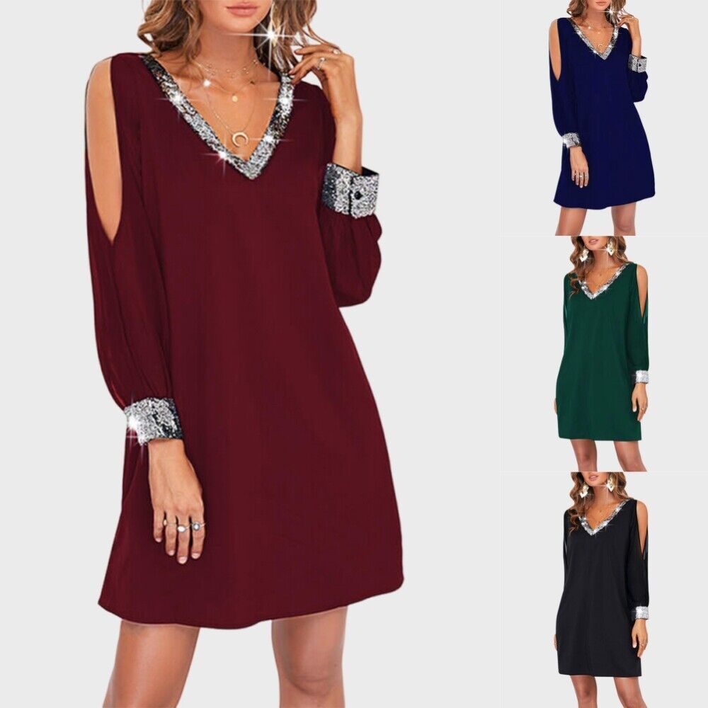 Womens Solid Sexy Cold Shoulder Sequin Mini Dress Ladies Party Cocktail Dresses Unbranded Does Not Apply