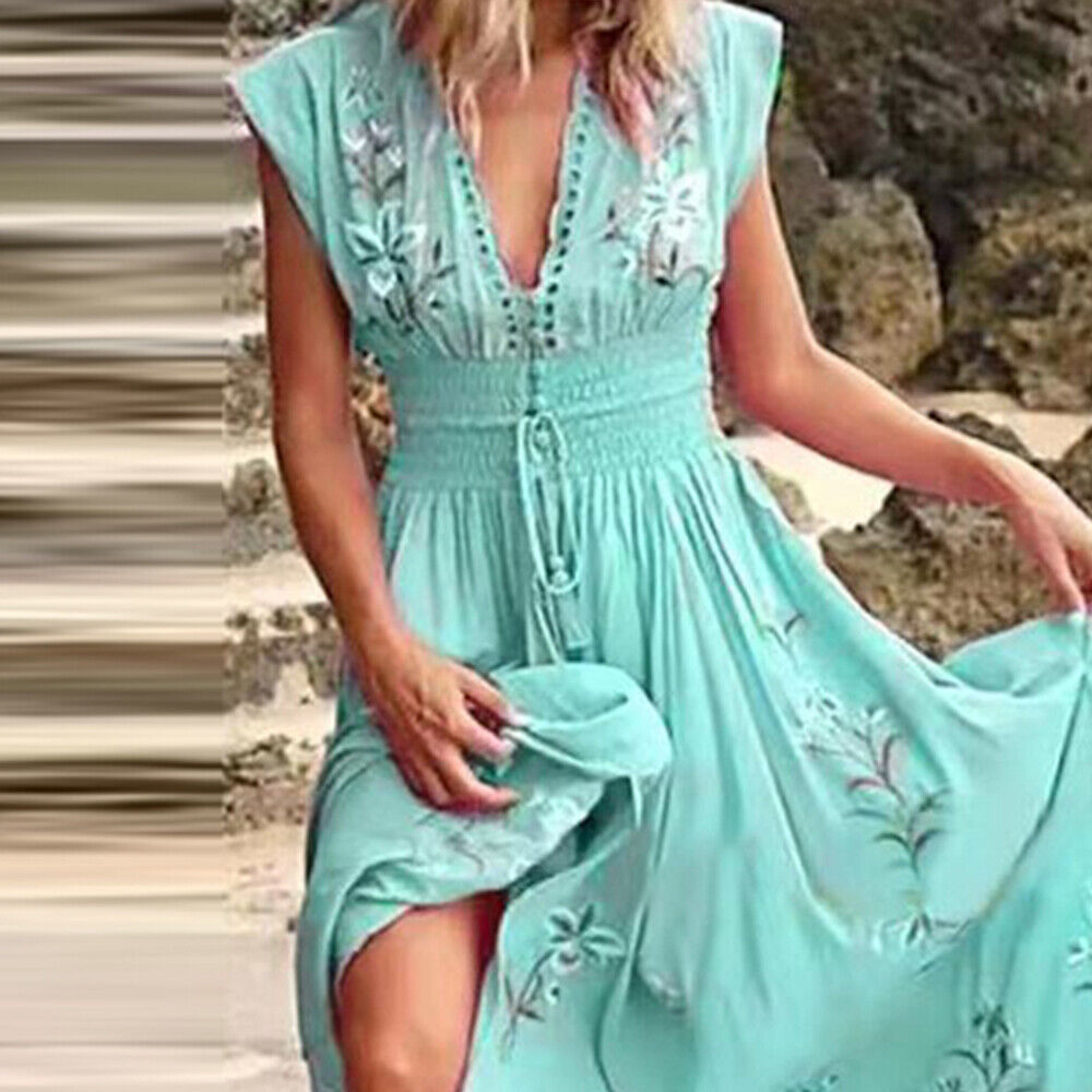 Womens Boho Floral Maxi Dress Ladies V Neck Summer Beach Holiday Long Sundress Unbranded Does Not Apply - фотография #7