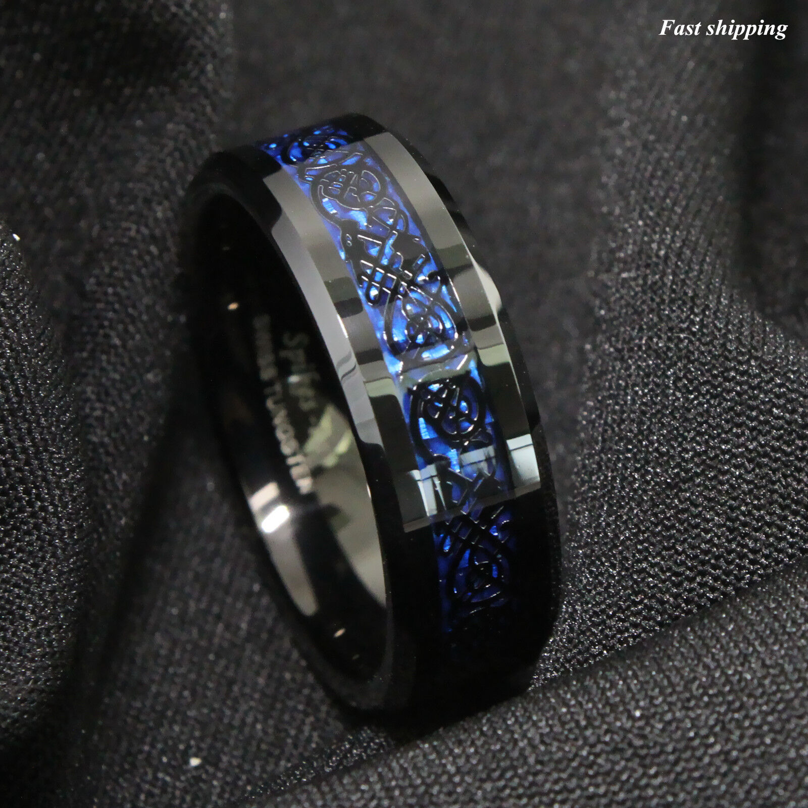 8/6mm Tungsten Carbide Ring Black Celtic Dragon Blue carbon fibre ATOP Jewelry ATOP - фотография #4