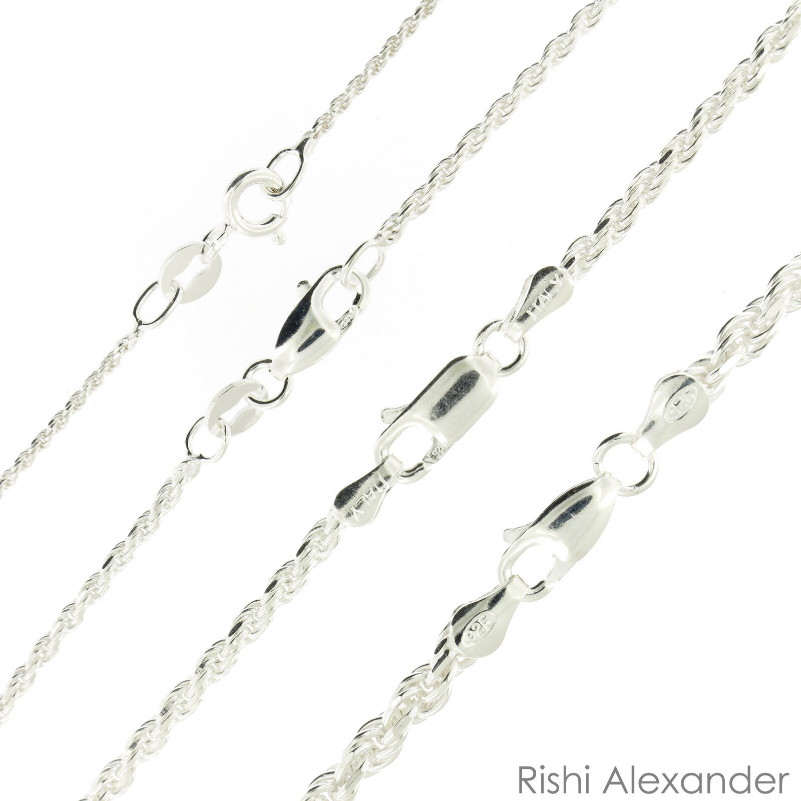 925 Sterling Silver Diamond Cut Rope Chain Necklace .925 Italy All Sizes Rishi Alexander
