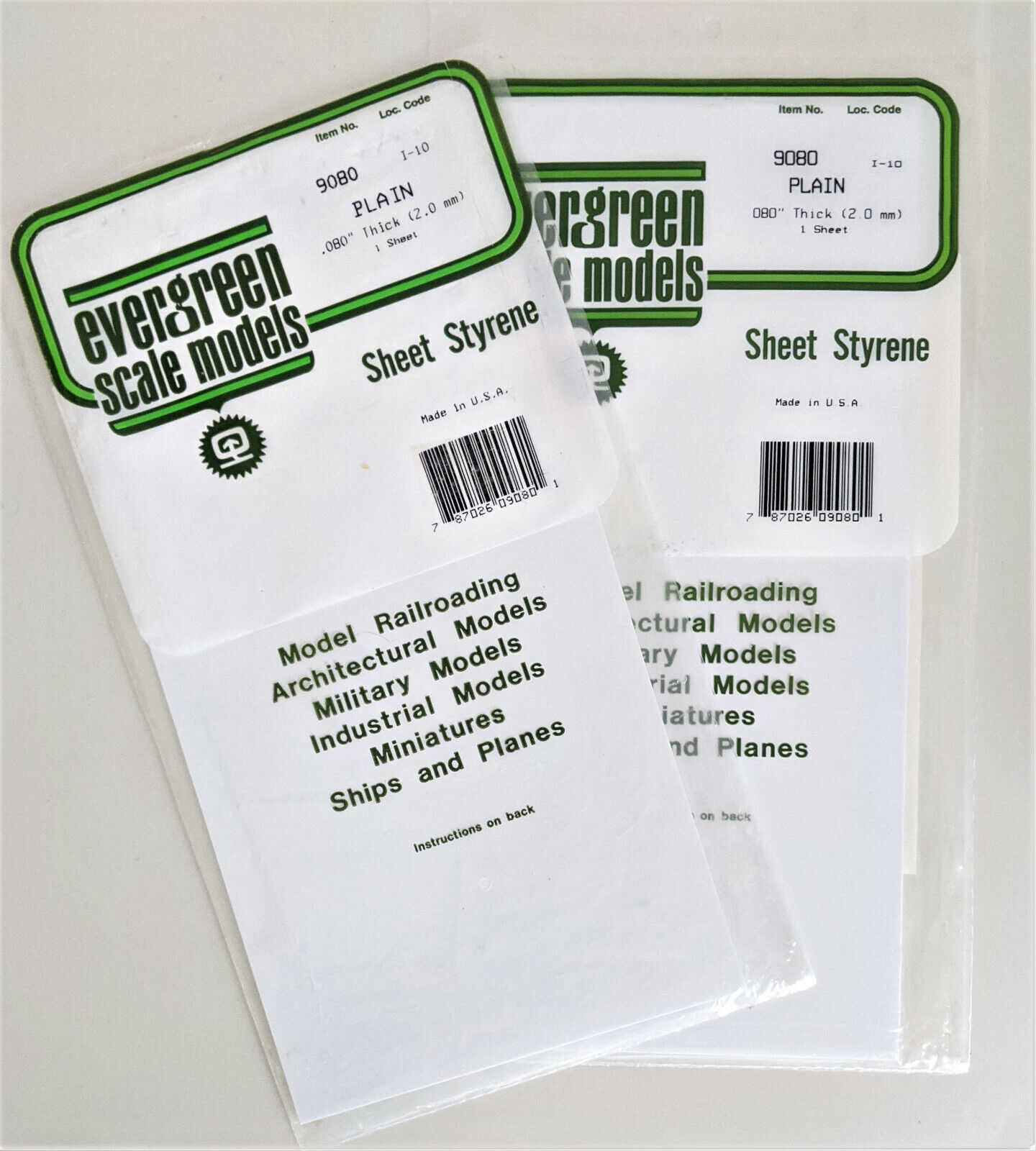 2 Sheets - Evergreen 9080 Plain Sheet Styrene  .080" (2.0mm) Thickness  Evergreen 9080