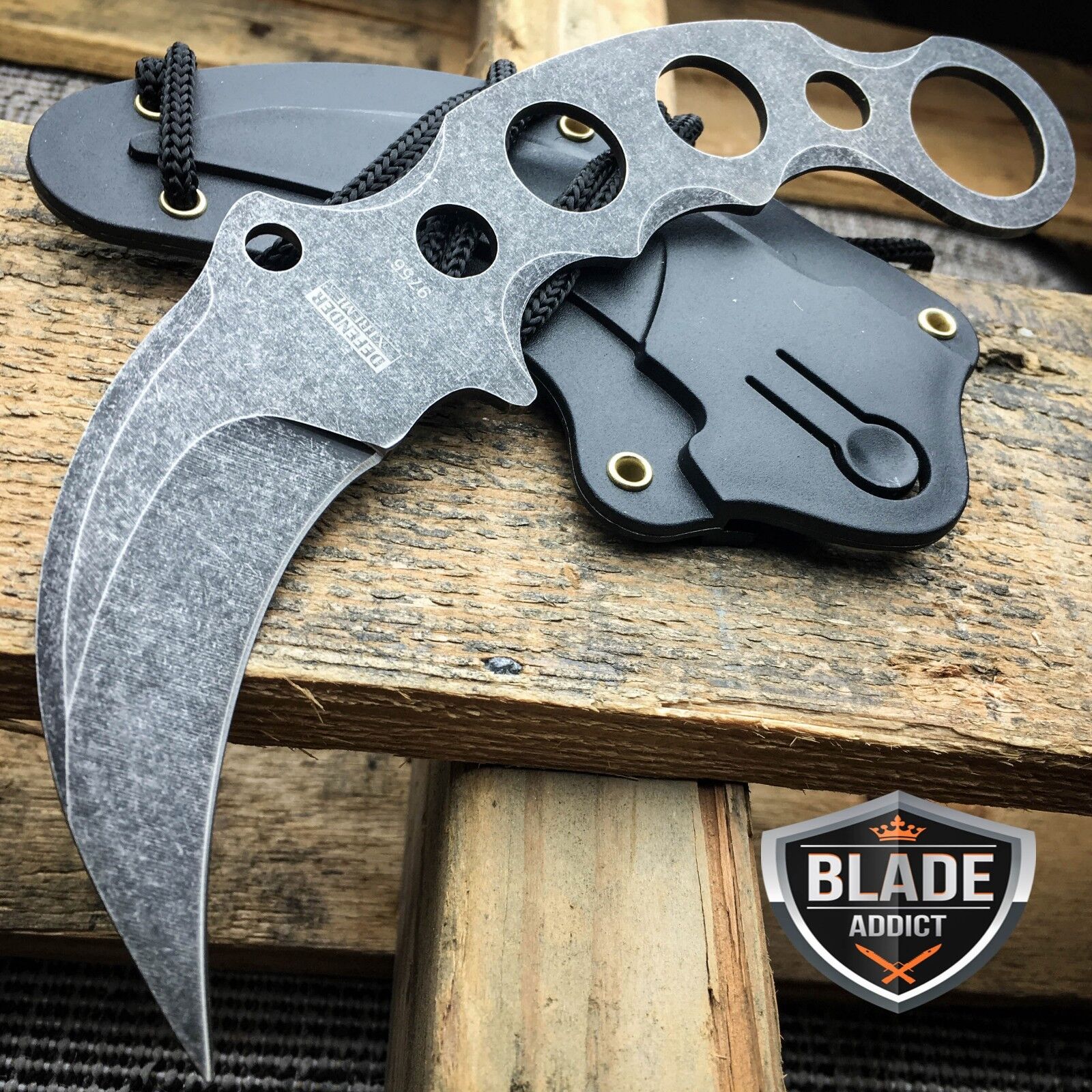 TACTICAL STONEWASH COMBAT KARAMBIT NECK KNIFE Survival Hunting BOWIE Fixed Blade DEFENDER XTREME