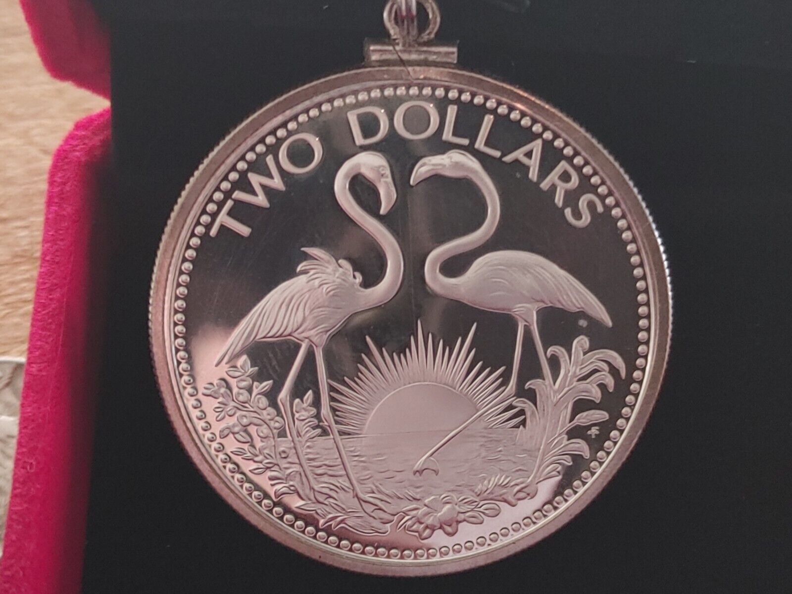  Rare 1978 Bahamas Flamingos Love birds coin Pendant & ItalIan Silver Rope Chain Everymagicalday