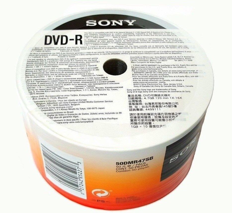 100 SONY Blank DVD-R DVDR Recordable Logo Branded 16X 4.7GB 120min Media Disc  Sony 50DMR47SB - фотография #3