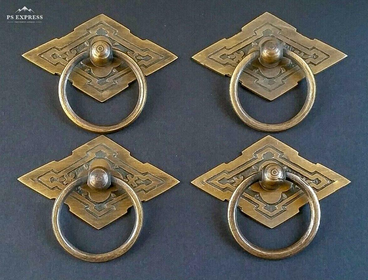 4 x Eastlake Antique Style Brass Ornate Ring Pulls Handles 2-3/8" wide #H15 Без бренда