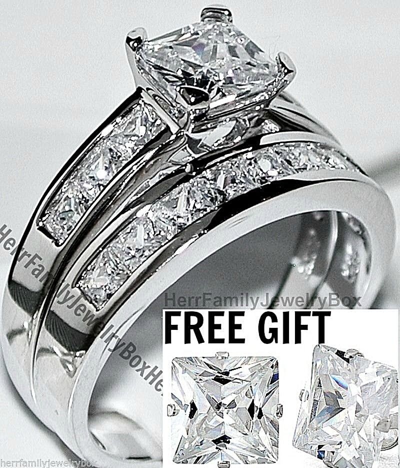 14k White Gold Sterling Silver Princess Diamond cut Engagement Ring Wedding Set Herr Family Jewelry Box