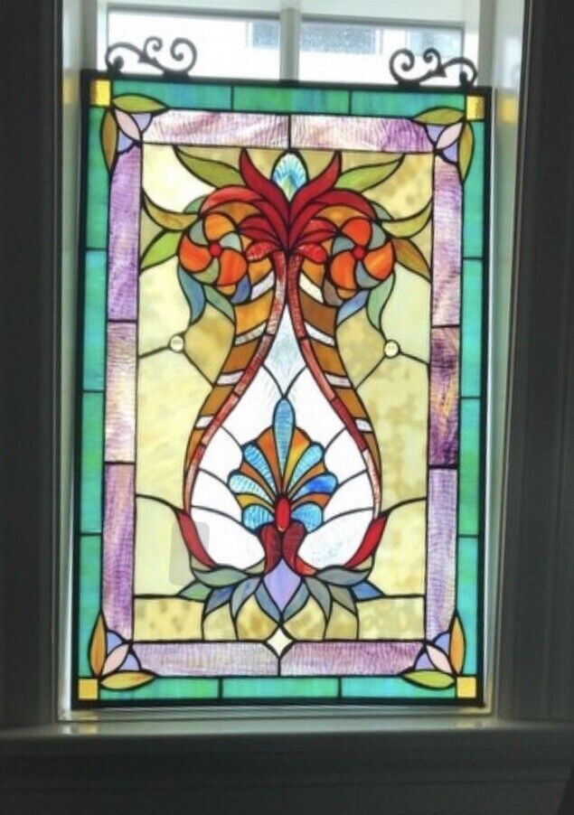 24.5” x 17.5" Tiffany style stained glass victorian hang window panel Suncatcher Chloe Lighting