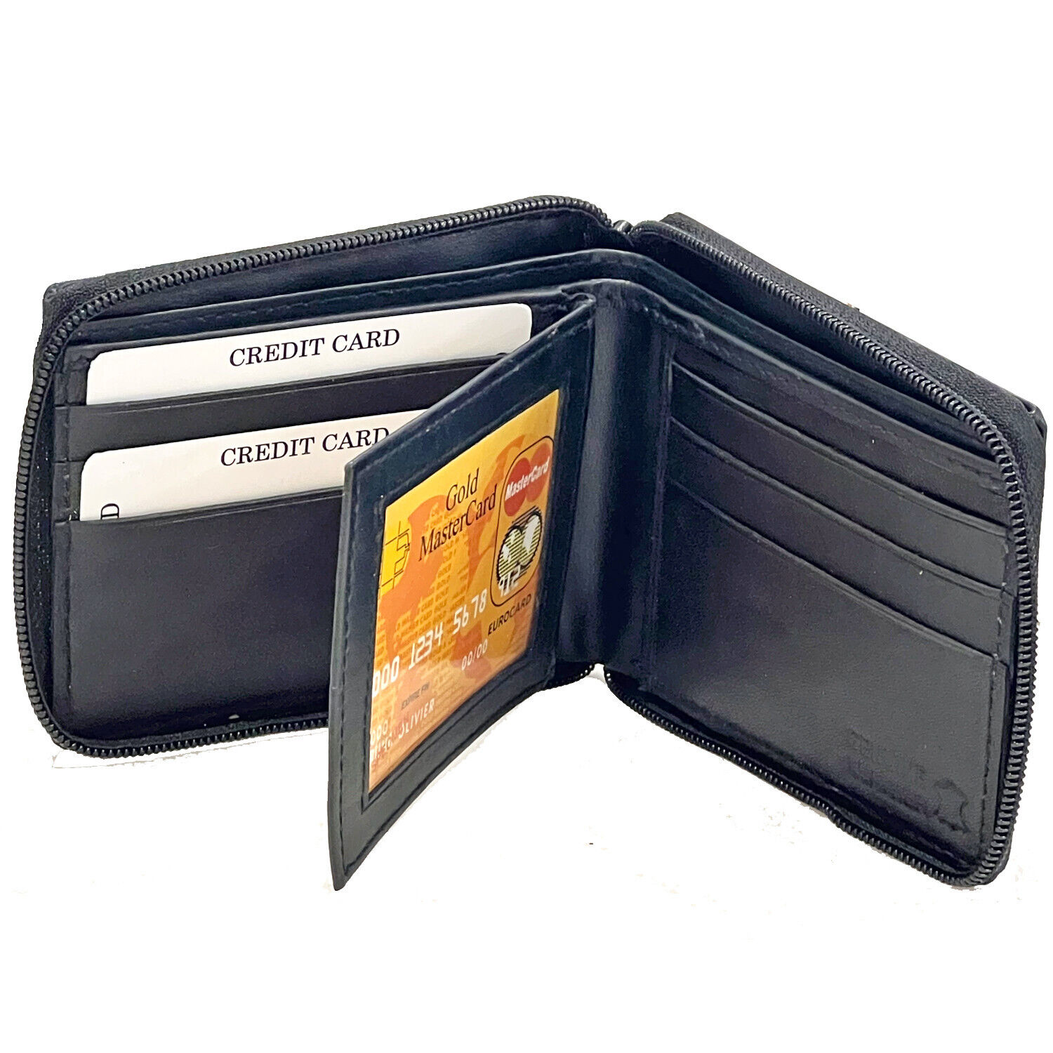 Mens Genuine Leather Zip Secure Zipper Around Wallet Black Billfold Credit Card abc-saving