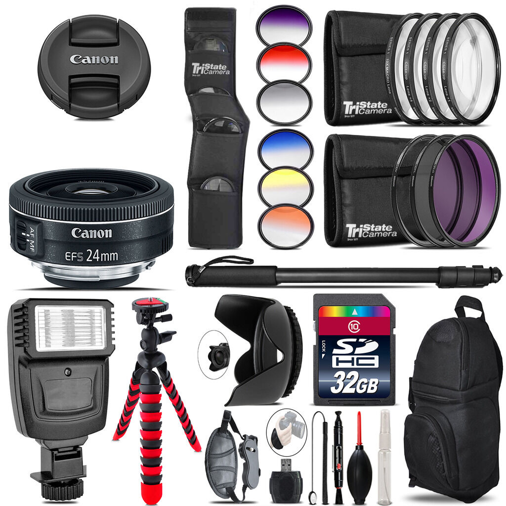 Canon EF-S 24mm f/2.8 STM Lens + Flash + Color Filter Set - 32GB Accessory Kit Canon Does Not Apply