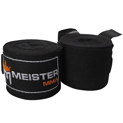 MEISTER BLACK 180" MMA HAND WRAPS - Mexican Elastic Cotton Boxing Wrist New PAIR Meister MMA 2009BK