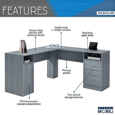 Techni Mobili Functional L-Shaped Desk with Storage, Grey Techni Mobili RTA-8412L-GRY - фотография #7