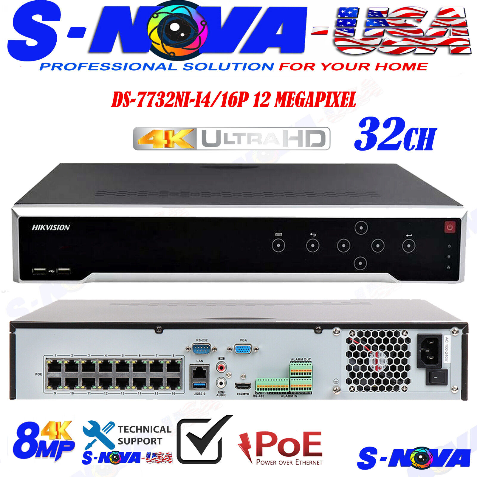 Hikvision 12MP 32CH NVR 16CH PoE Ports H.265+ 4x SATA DS-7732NI-I4/16P Hikvision DS-7732NI-K4/16P