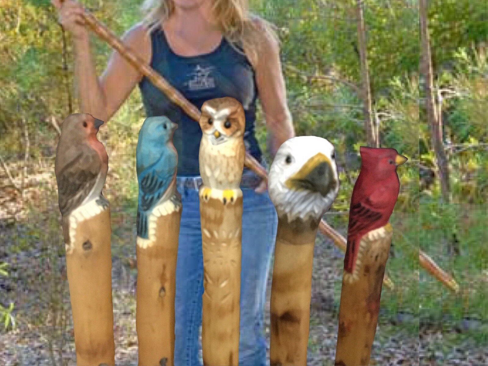 New Redbird Bluebird Owl Eagle Bear Walking Stick Cane Wood Hand Carved Handmade