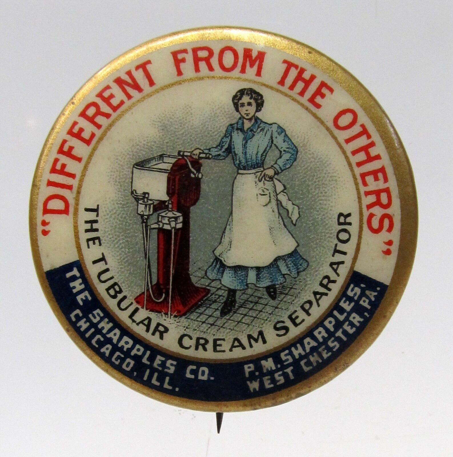 1896 SHARPLES CREAM SEPARATOR Woman Stands Hand on Machine Dairy pinback button* Без бренда