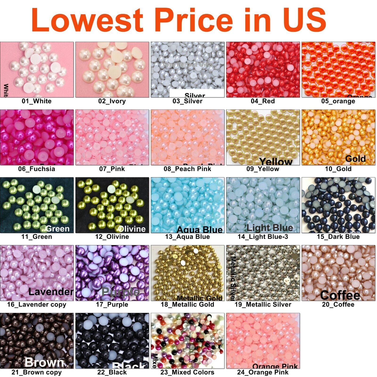 1000 pcs Half Round Flat Back Pearl Beads Multi Color Size 2mm 3mm 4mm 5mm 7mm Без бренда