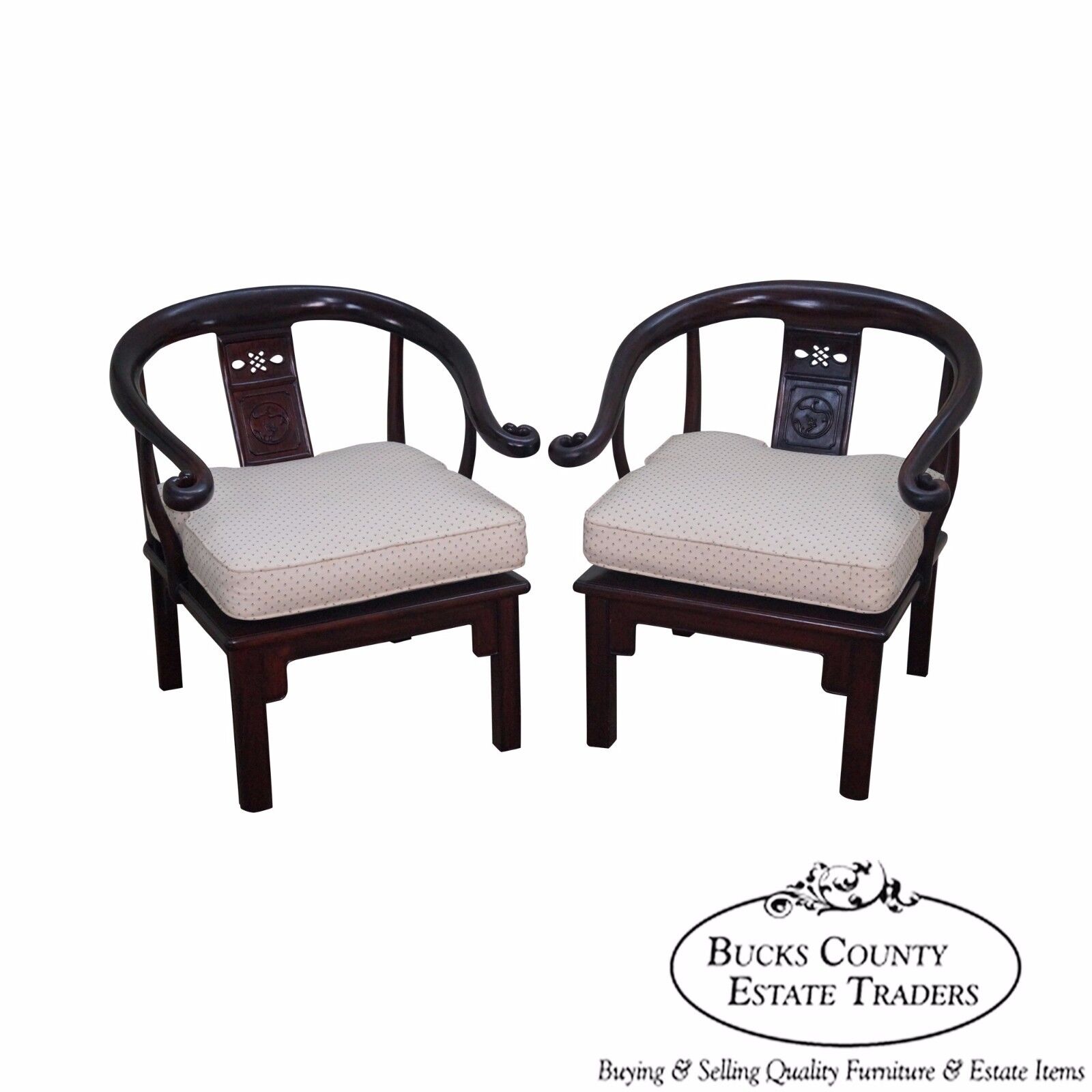 Vintage Chinese Rosewood Pair of Horseshoe Lounge Chairs NA NA