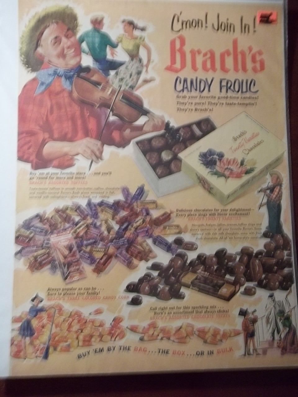 1952 VINTAGE PRINT AD BRACH'S CANDY FROLIC 10X13 HALLOWEEN DANCING AND FIDDLE  Brach's