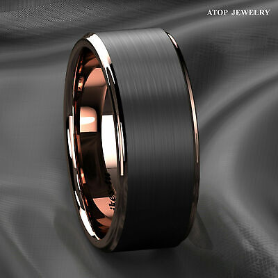 Tungsten Carbide ring rose gold black brushed Wedding Band Ring men's jewelry ATOP - фотография #3