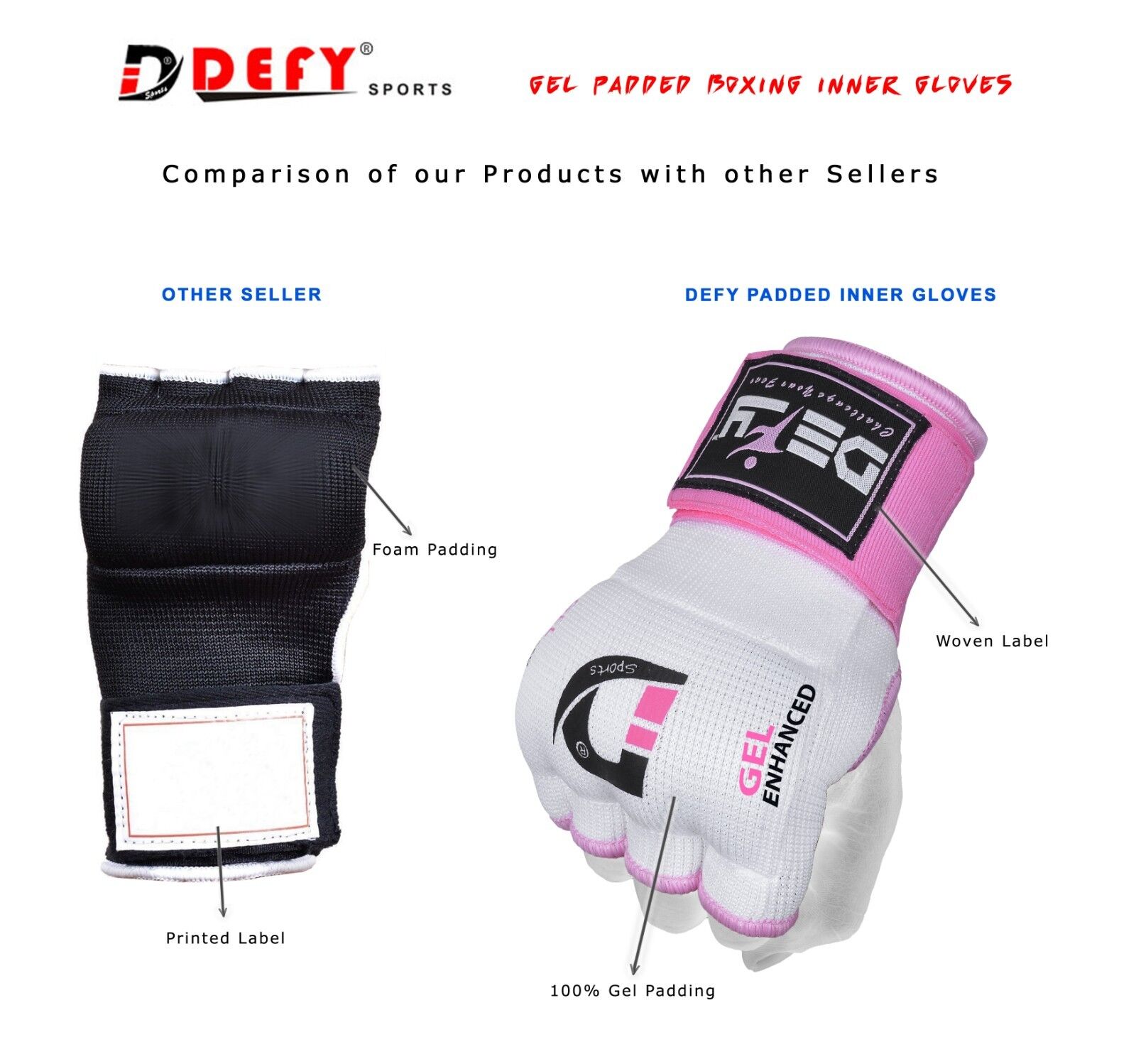 DEFY™ Gel Padded Inner Gloves with Hand Wraps MMA Muay Thai Boxing Fight PAIR  DEFY Sports Does Not Apply - фотография #3