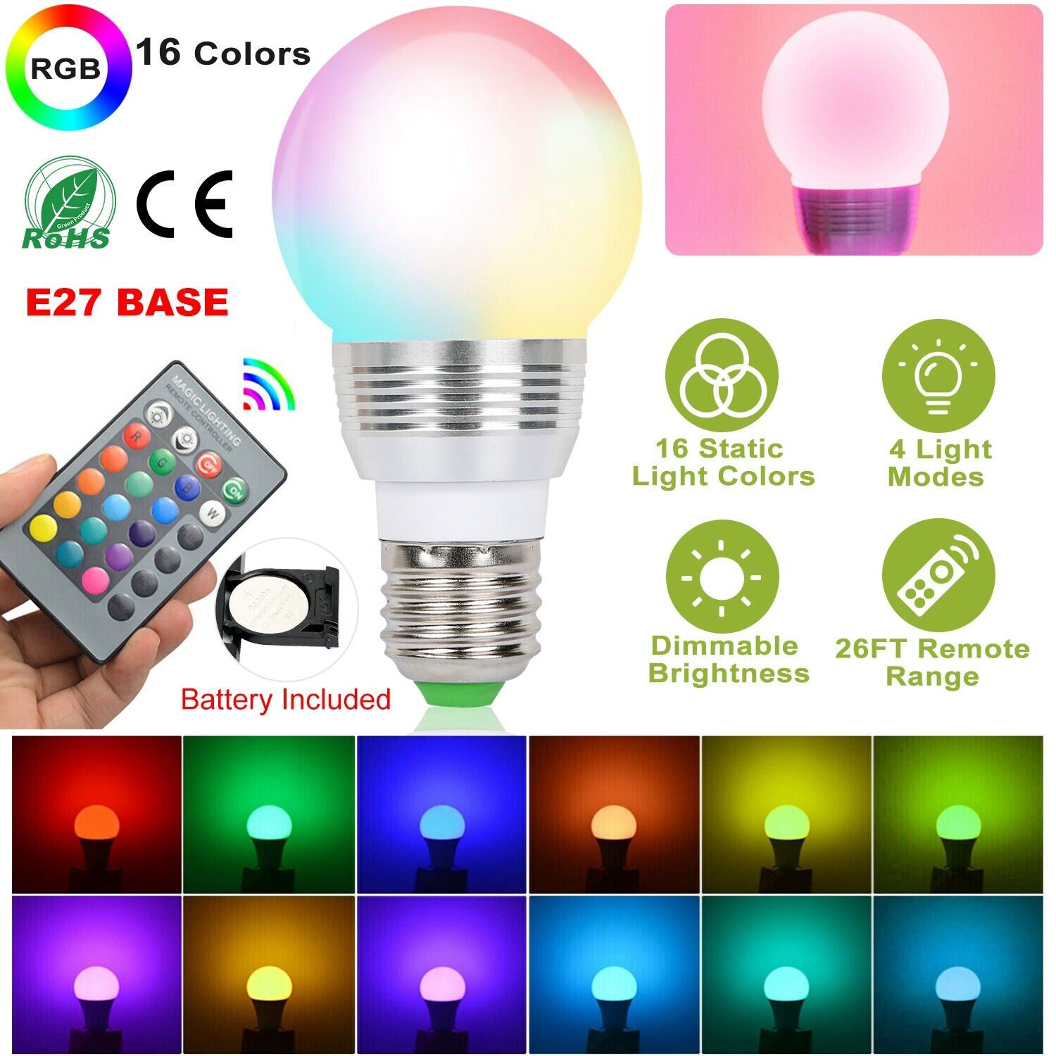 E27 3W RGB LED 16 Multi Color Magic Lamp Light Bulb + Wireless Remote Control Unbranded GPCT696