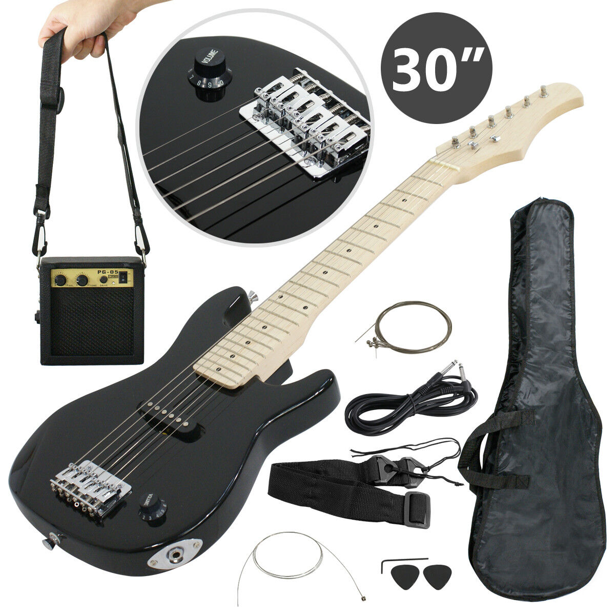 Child Electric Guitar Kids 30" Black Guitar With Amp + Case + Strap and More Segawe GG2008-Y01-1207A-1