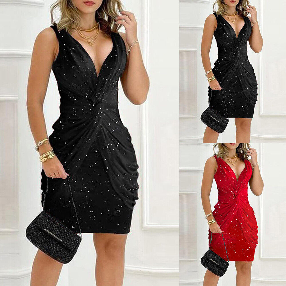 Sexy Women V Neck Cocktail Sequin Bodycon Mini Dress Laies Pleat Clubwear Gowns Unbranded Does Not Apply