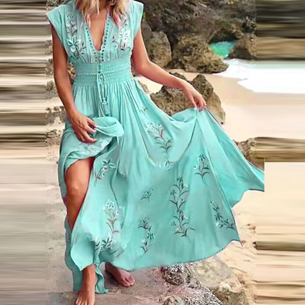 Womens Boho Floral Maxi Dress Ladies V Neck Summer Beach Holiday Long Sundress Unbranded Does Not Apply - фотография #6