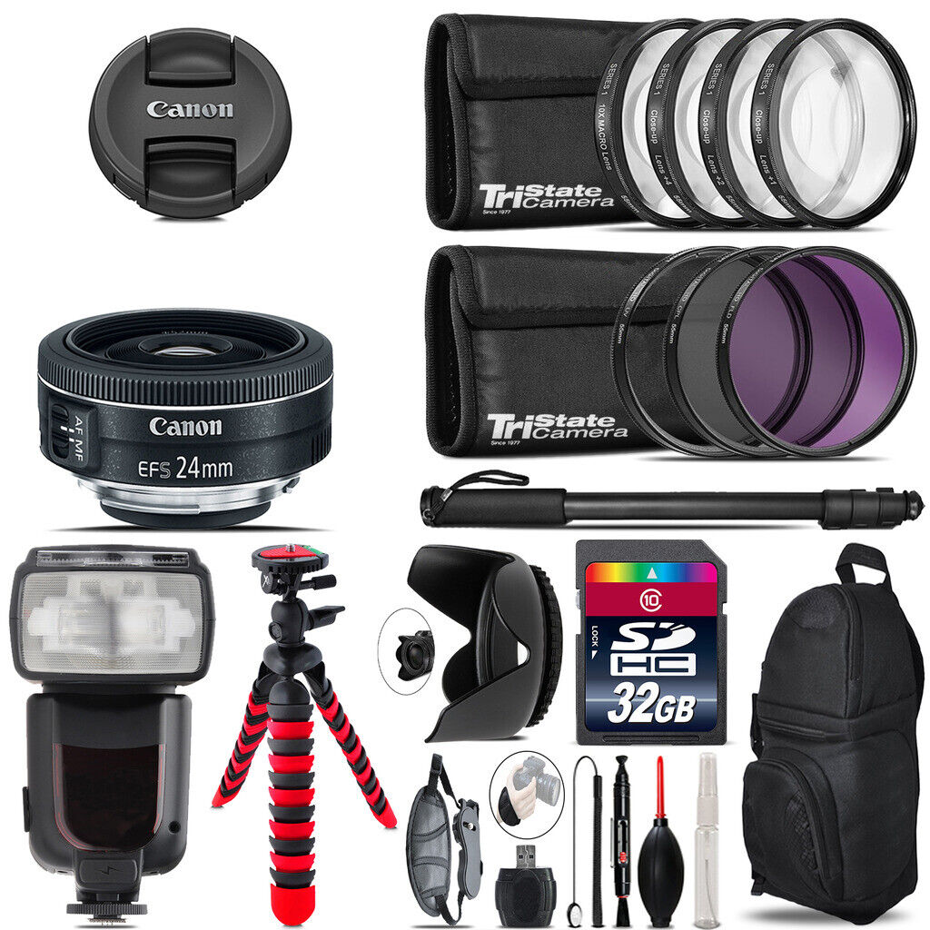 Canon EF-S 24mm f/2.8 STM Lens + Professional Flash & More - 32GB Accessory Kit Canon Does Not Apply